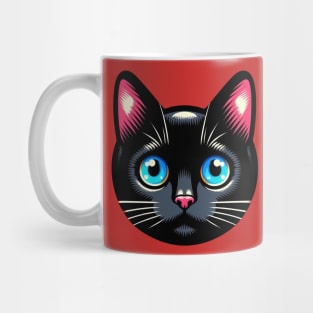 a black cat with big blue eyes Mug